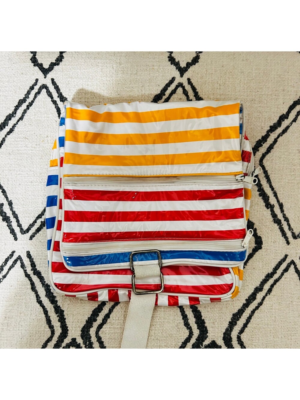 Vintage 70s Striped Travel Toiletry Bag Hanging Cosmetic Organizer Vinyl Taiwan